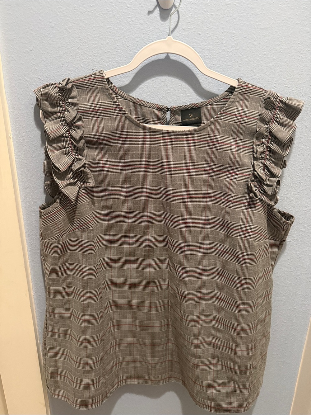 Worthington Plaid Ruffle-Sleeve Dress in Brown and Cream with Red Accents